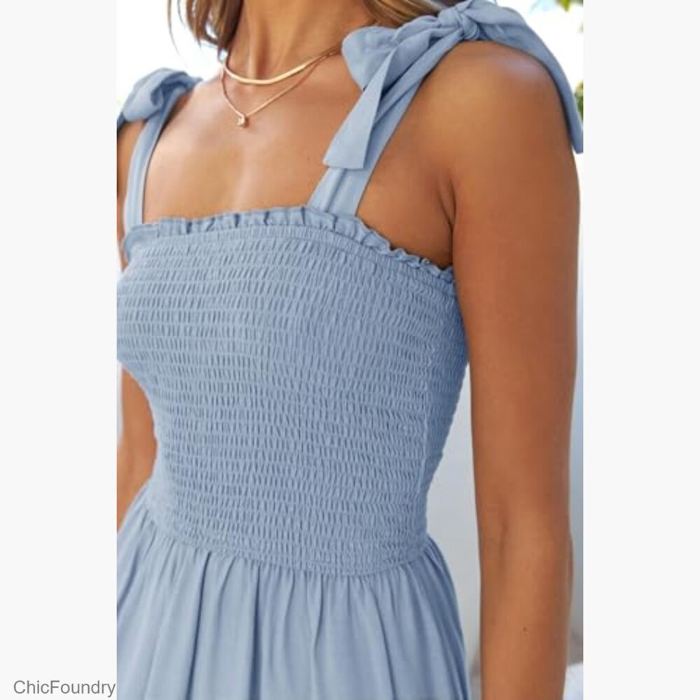 Boho Maxi Dress with Spaghetti Straps Square Neck Ruffle A-Line Beach - Picture 5 of 7